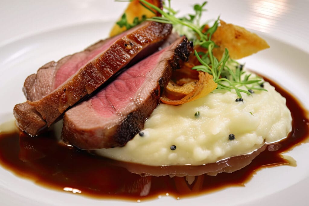 Magret de canard avec une cuisson rosé sur une purée