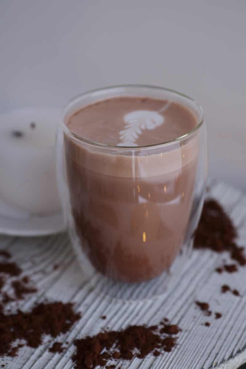 Indulge in this beautifully crafted hot chocolate with delicate latte art.