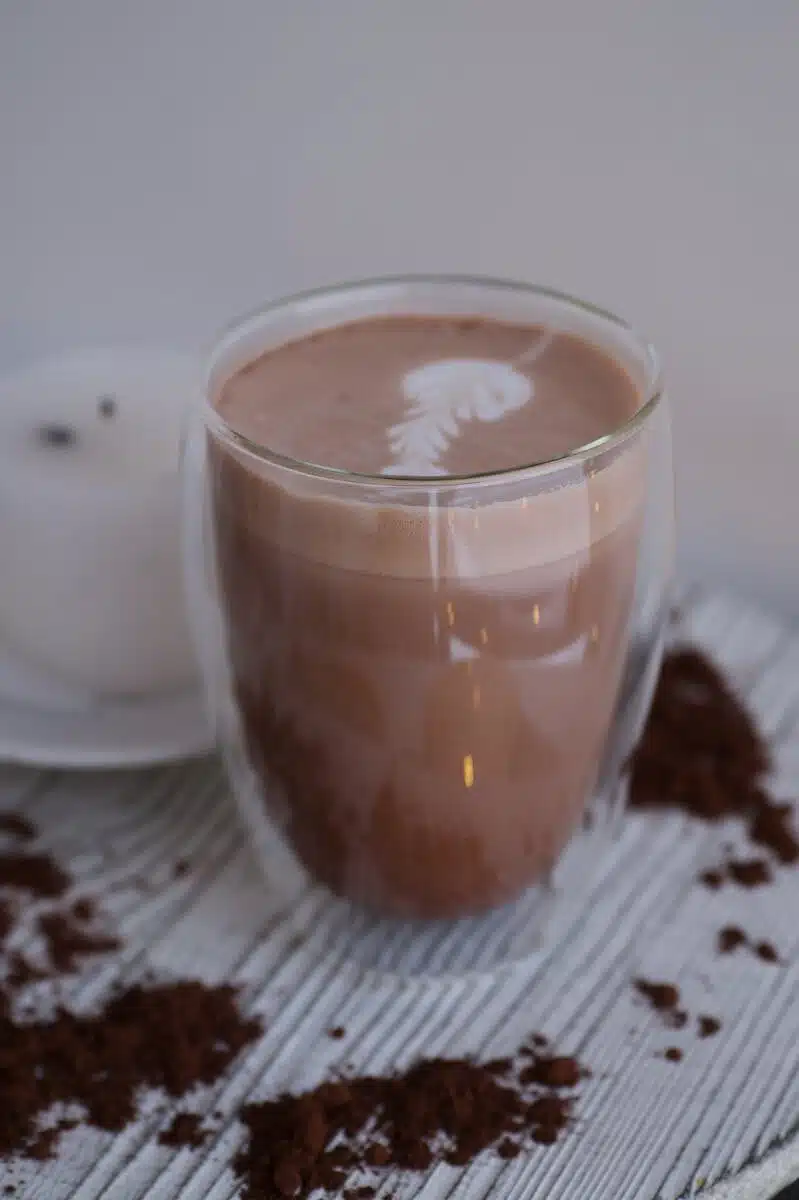 Indulge in this beautifully crafted hot chocolate with delicate latte art.