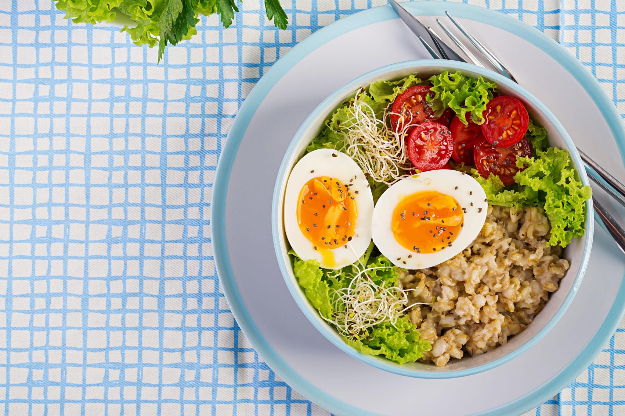 Fresh Salad Breakfast Bowl With Oatmeal Tomatoes Lettuce Microgreens Boiled Egg Healthy Food Vegetarian Buddha Bowl Top View Flat Lay Scaled
